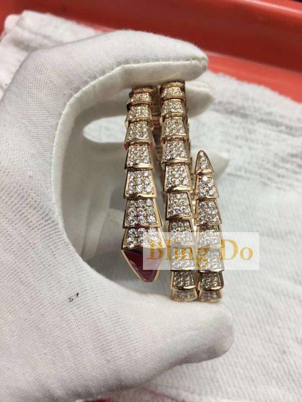 Bulgari Serpenti Two-Coil Bracelet 18k Rose Gold Pave Full Diamond and Rubellite