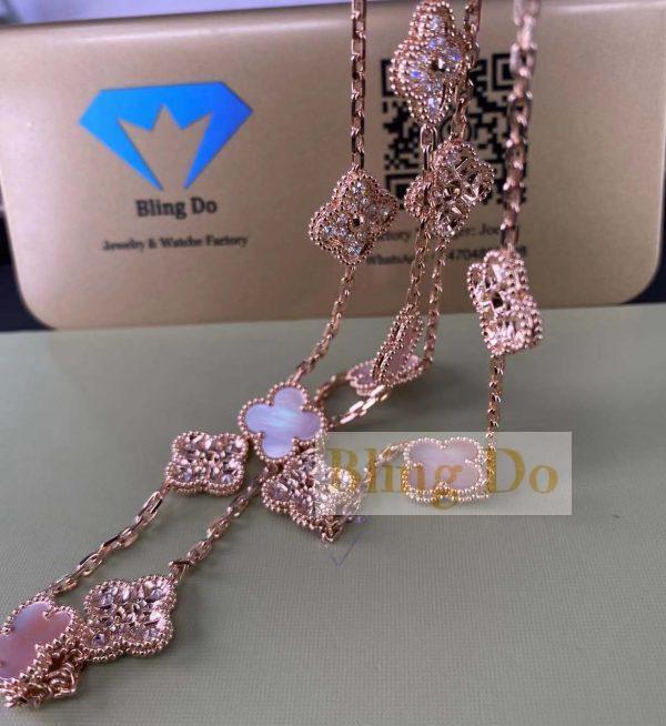 VCA Vintage Alhambra Pure 18K Yellow Gold Long Necklace, with 20 motifs, Diamond, Pink Pearl