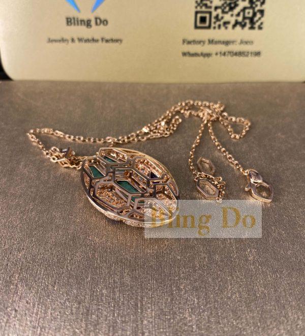 Bulgari Serpenti 18K Rose Gold Necklace Set with Blue Sapphire Eyes, Malachite Elements and Pavé Diamonds on the Pendant