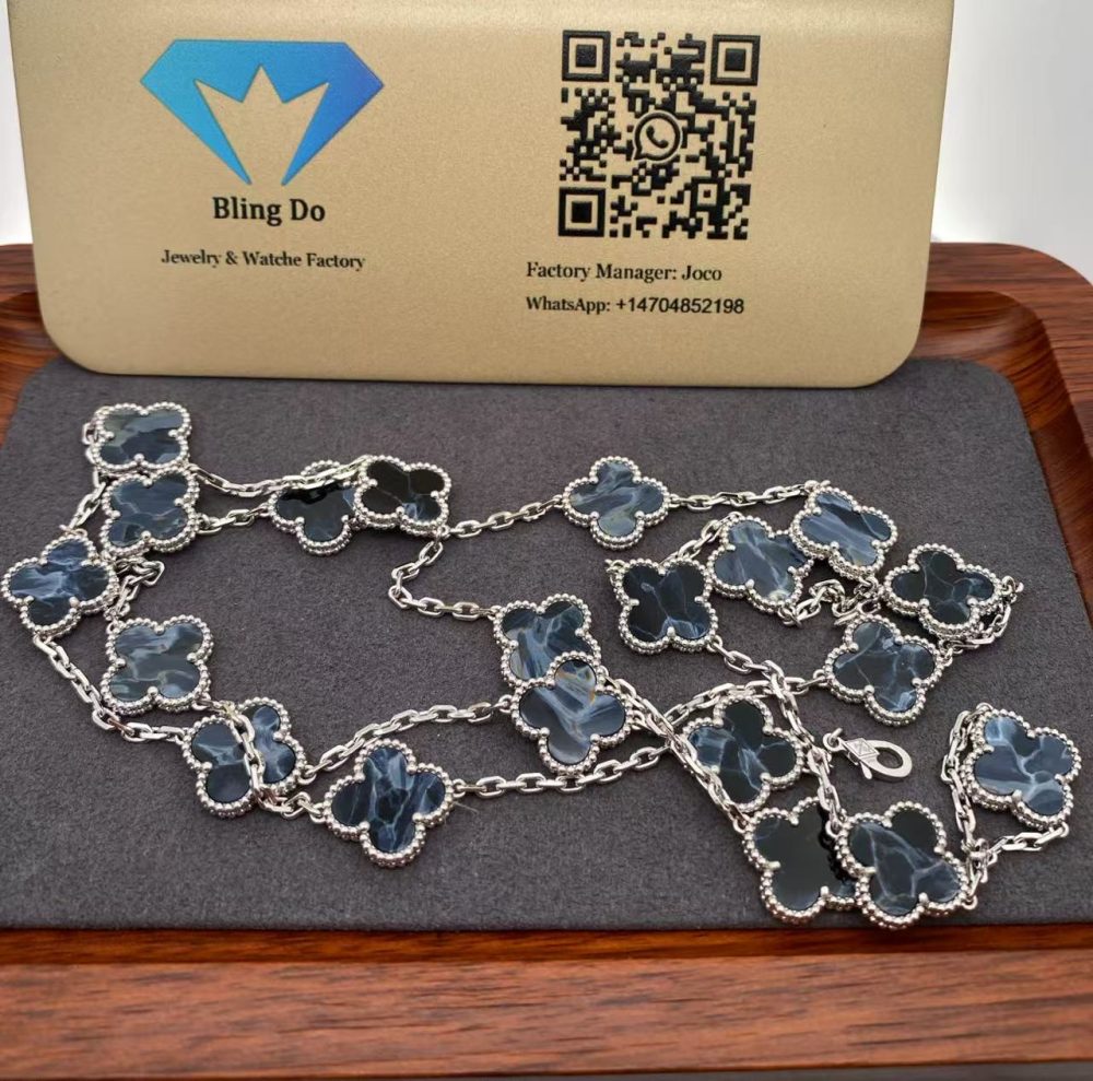 Van Cleef & Arpels 18k White Gold Pietersite Vintage Alhambra 20 Motifs Necklace